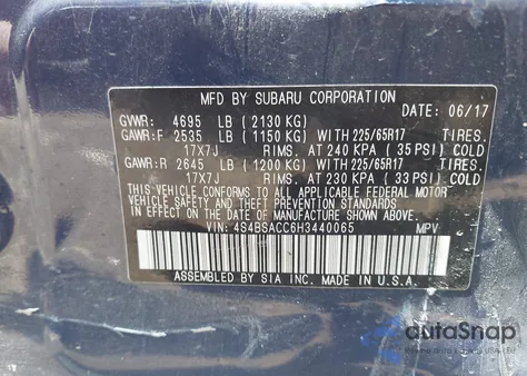 2017 Subaru Outback 2.5I Premium из США, поврежденный, VIN 4S4BSACC6H3440065